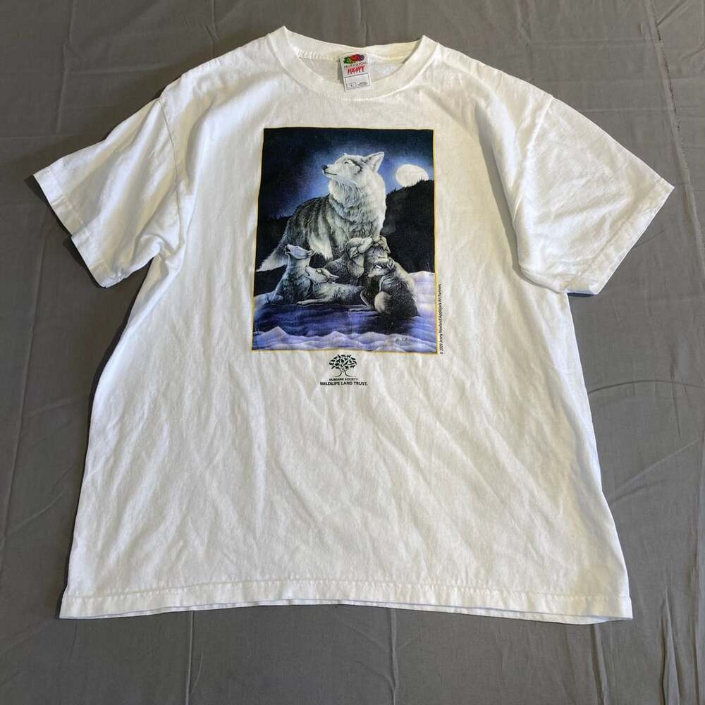 Fruit Of The Loom Wolf Graphic T-Shirt Size L White Humane Society